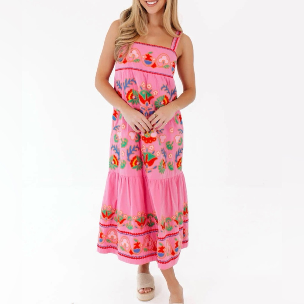 NWT $238 J. Marie Womens 100% Cotton Embroidered Sleeveless Midi Dress Pink Sz L